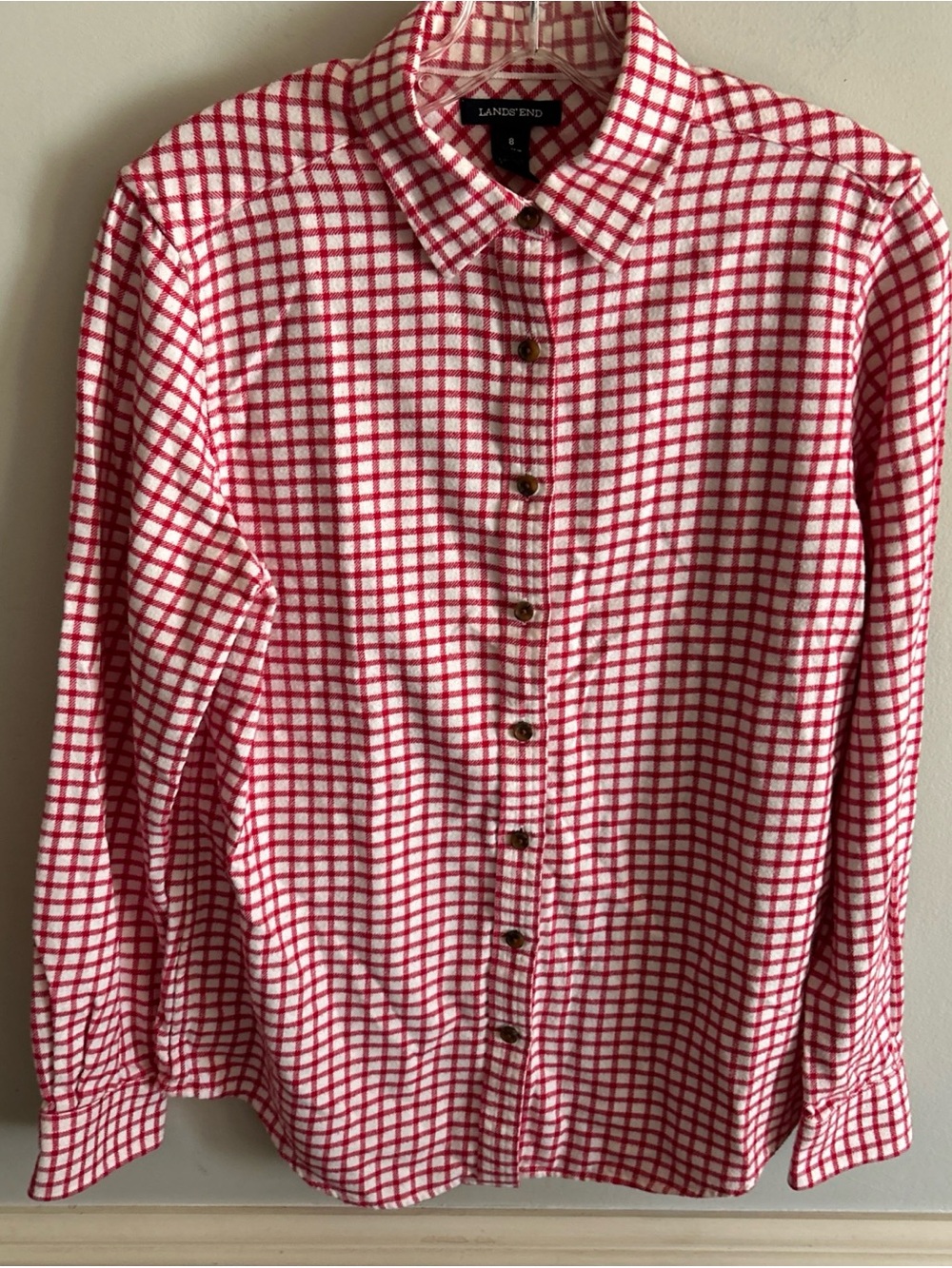 Lands' End Red and White Windowpane Cotton Button-Down Shirt